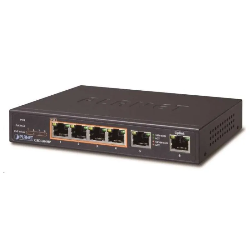 Planet GSD-604HP PoE switch 1Gbps, 6xTP, 4xPoE 802.3at/af 30W/55W, fanless (GSD-604HP)