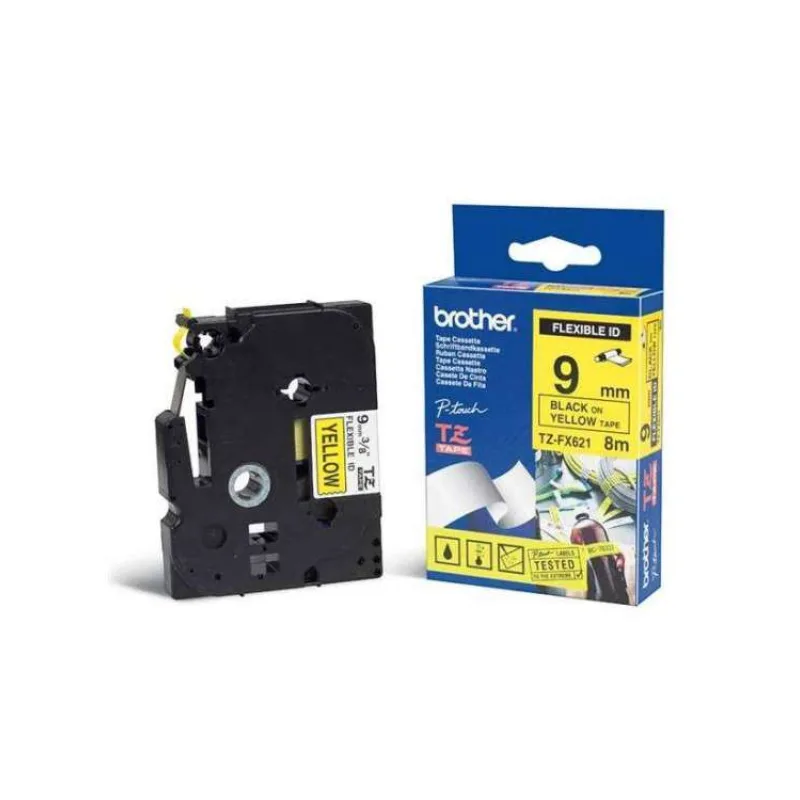 páska BROTHER TZFX621 čierne písmo, žltá páska FLEXIBLE ID Tape (9mm) (TZEFX621)