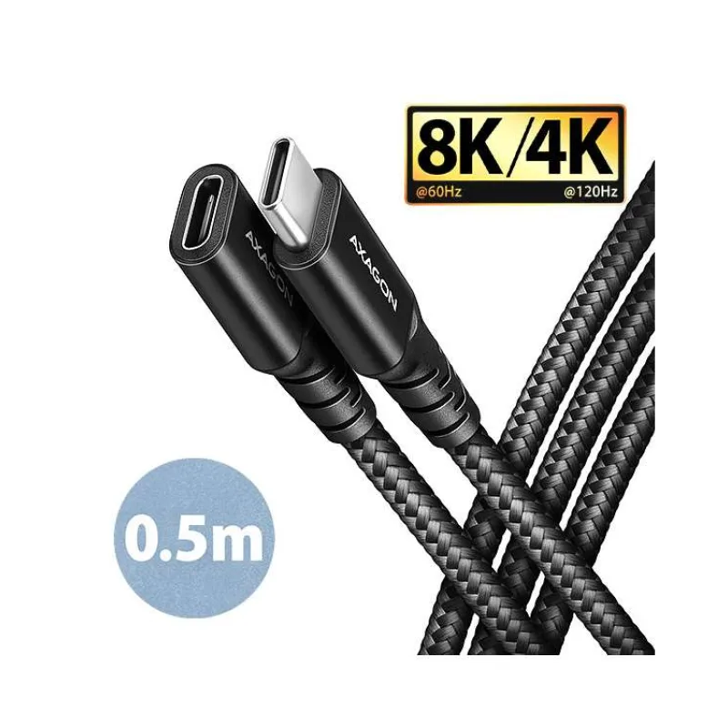 AXAGON BUCM32-CF05AB prodlužovací kabel USB-C (M) - USB-C (F), 0.5m, USB 20Gbps, PD 240W 5A, 8K HD, ALU, oplet, černý (BUCM32-CF05AB)