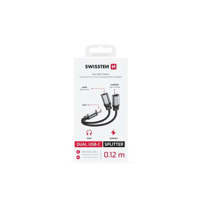 SWISSTEN NABÍJECÍ AUDIO ADAPTÉR TEXTILE USB-C (samec) / USB-C (samice) a 3,5mm AUX 0,12 M ČERNÝ (73502301)