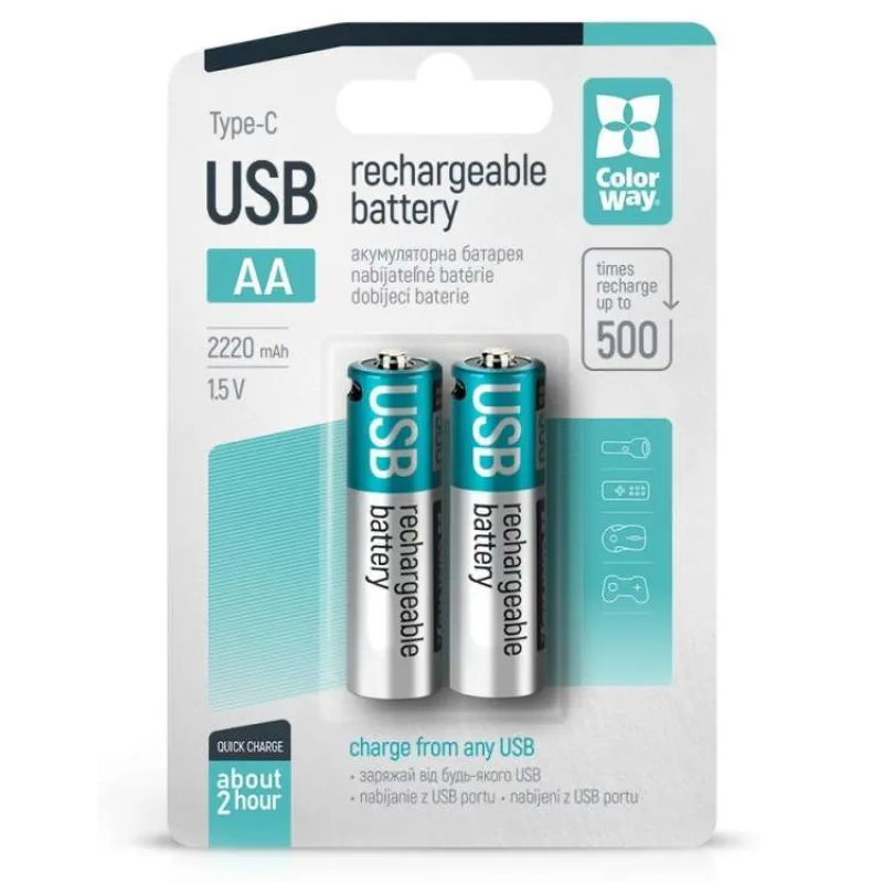 Colorway nabíjecí baterie AA 2200mAh/ USB-C/ 1.5V/ 2ks v balení (CW-UBAA-10)