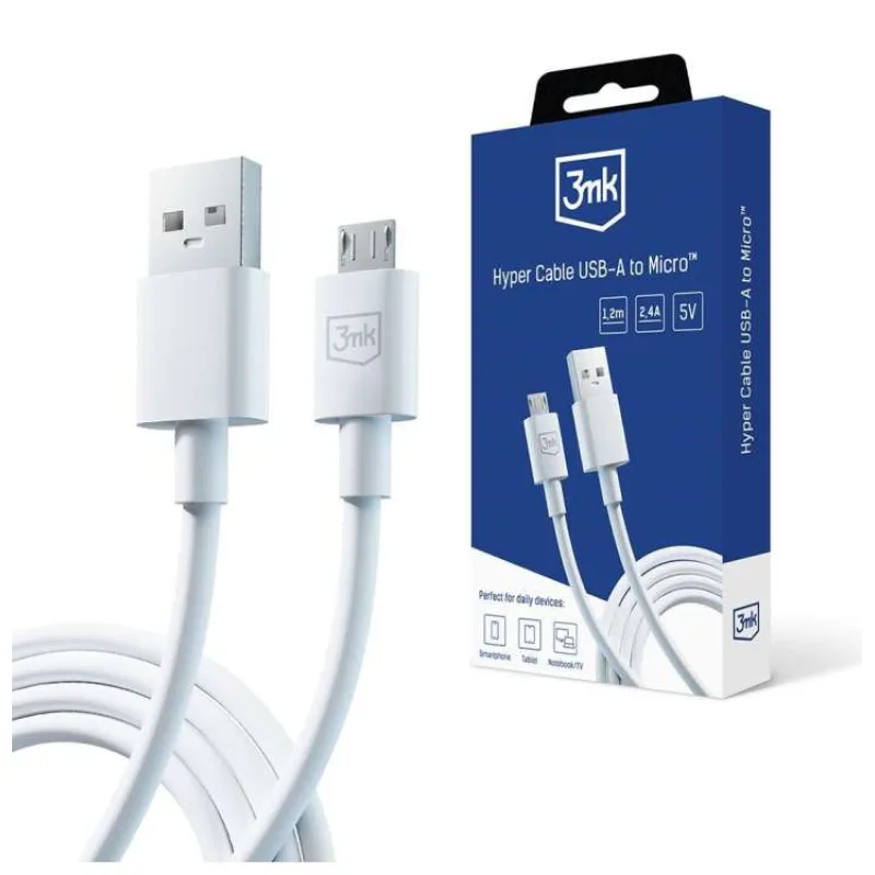 3mk datový kabel - Hyper Cable A to Micro 1.2m 5V 2,4A, bílá (5903108541176)