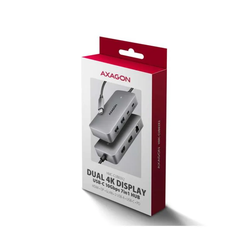 AXAGON HMC-CUB83X2, USB 10Gbps hub, 2x USB-A, USB-C, HDMI & DP 4k/144Hz, RJ-45, PD 100W, kábel 15cm (HMC-CUB83X2)