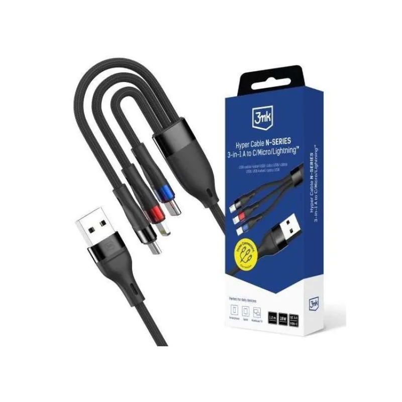 Listopad release 3mk Hyper Cable N-SERIES A to C/Lightning/Micro 1.2m 9V/2A 18W Black (5903108681995)