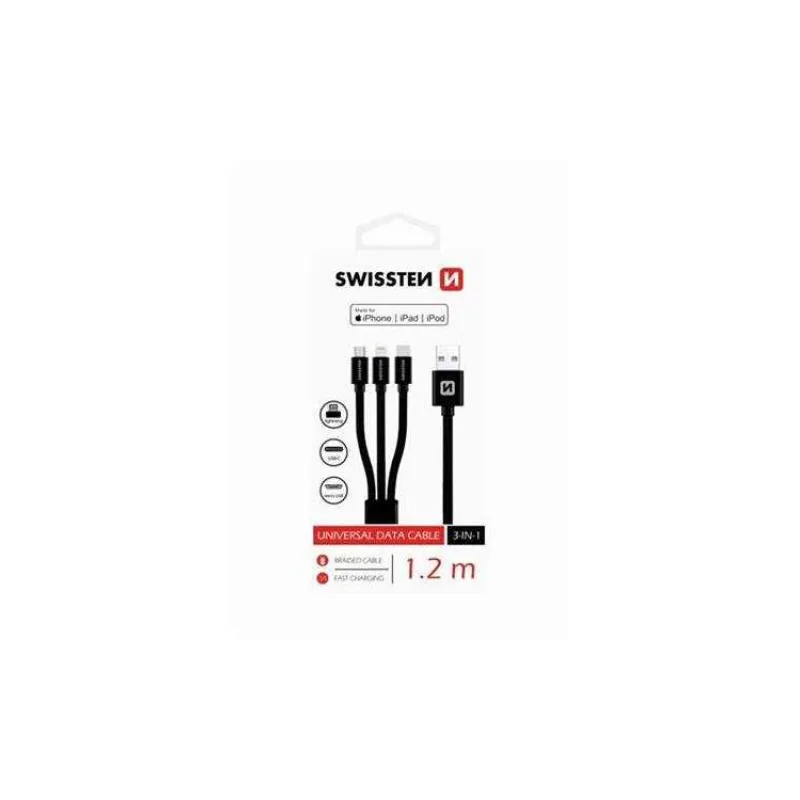 Swissten Datový kabel 3in1 MFi, 1,2 m, textilní, (micro USB, USB-C, Lightning) černý (72501101)