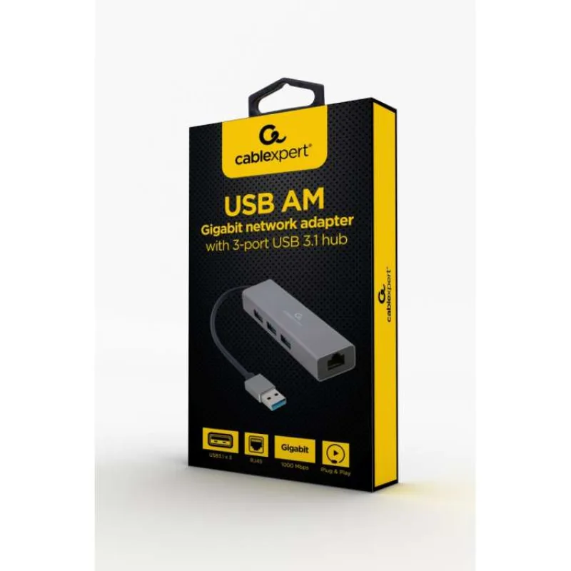 Gembird USB AM Gigabit network adapter with 3-port USB 3.0 hub (A-AMU3-LAN-01)