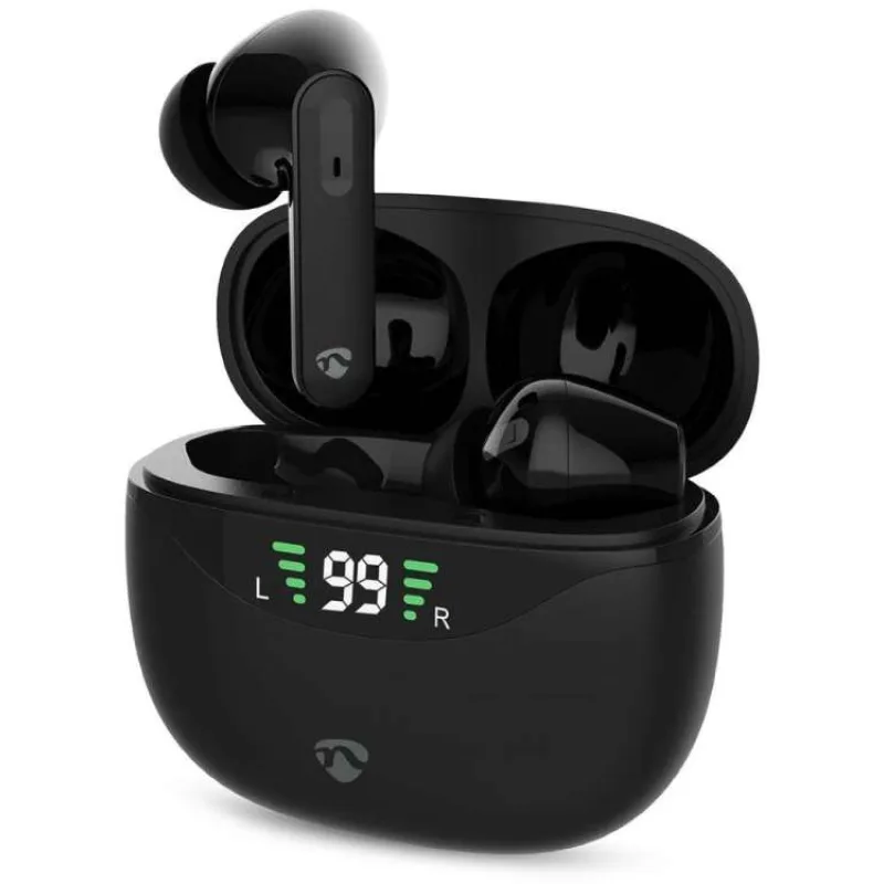 NEDIS bezdrátová sluchátka + mikrofon/ TWS/ BT/ výdrž 30 hod/ 100 dB/ ovládání dotykem/ nabíjecí pouzdro/ USB-C/ černé (HPBT2450BK)