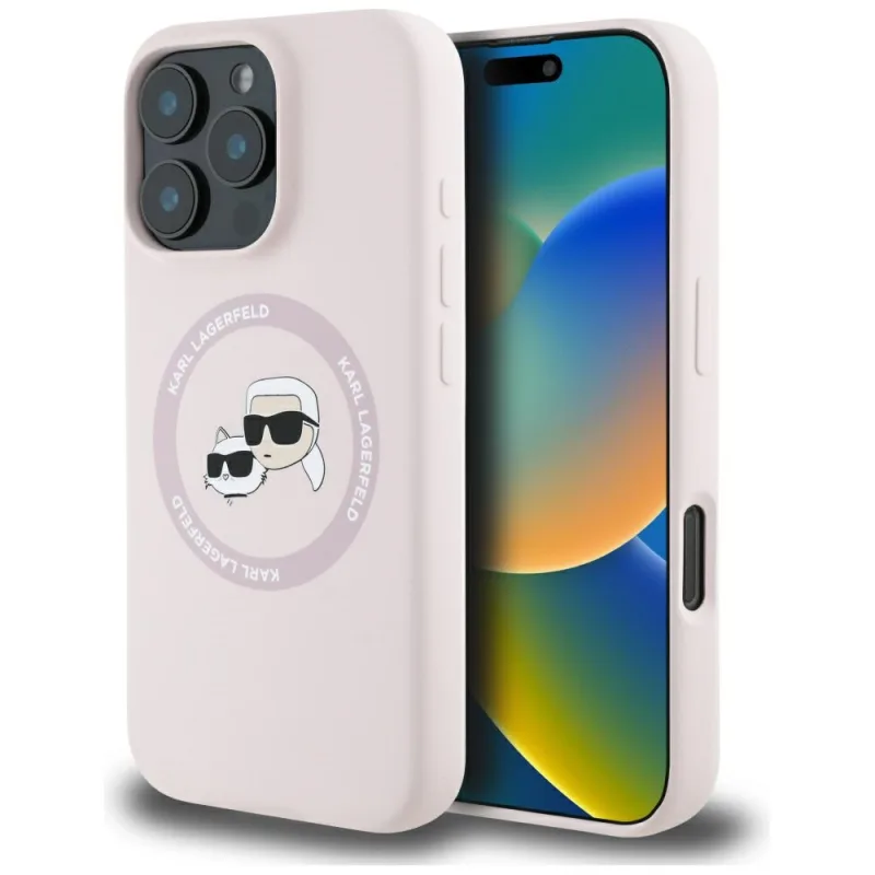 Karl Lagerfeld silikónové dvojité hlavy a kruhové puzdro MagSafe pre iPhone 16 Pro Max Pink