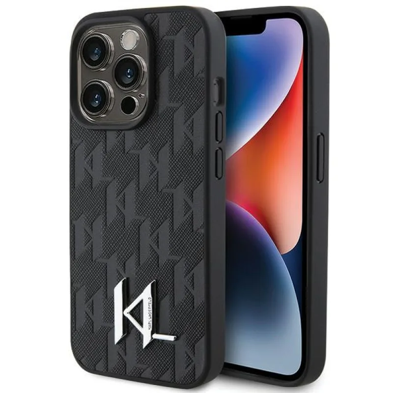 Púzdro Karl Lagerfeld Leather Monogram Hot Stamp Metal Logo pre iPhone 15 Pro - čierne