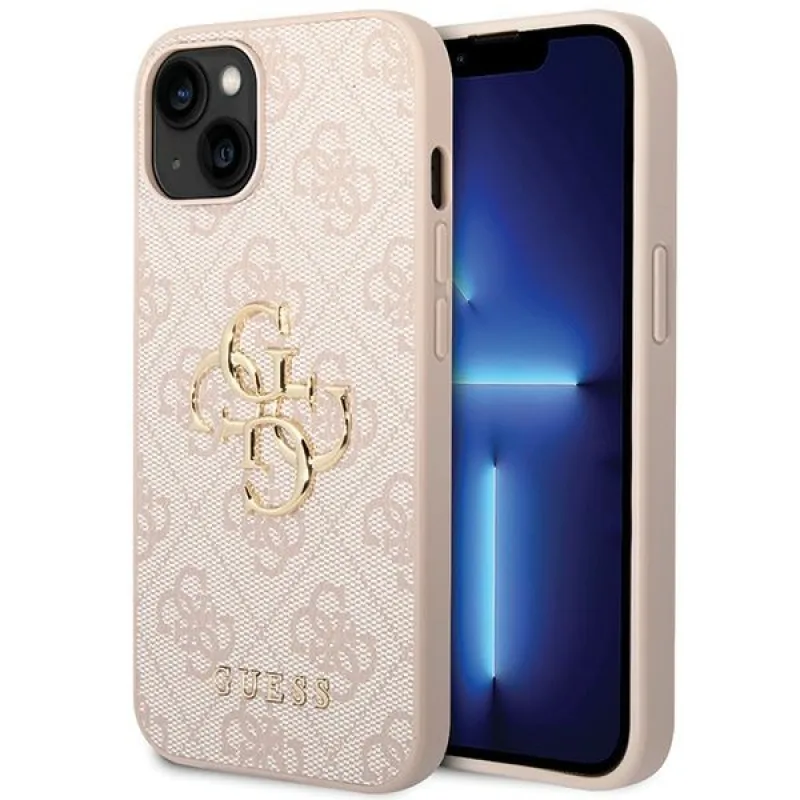 Puzdro Guess 4G s veľkým kovovým logom na iPhone 15 Plus – ružové