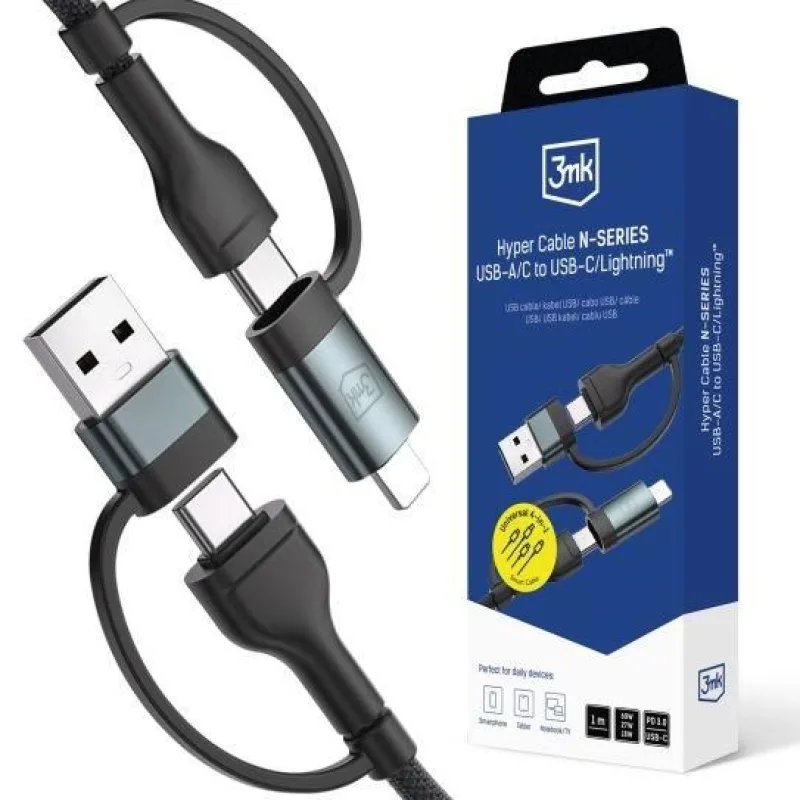 3mk Hyper kabel N-SERIES 2 in 2 A/ C - C/ Lightning 1.2m 9V/ 2A 60W černý…
