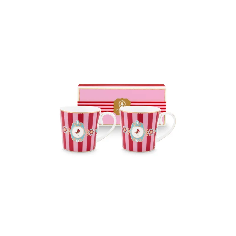 Pip Studio Love Birds Stripes sada 2 ks hrnků 165ml, červeno-růžová