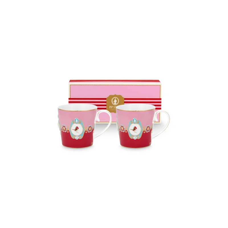 Pip Studio Love Birds sada 2 ks hrnků 225 ml, červeno-růžová