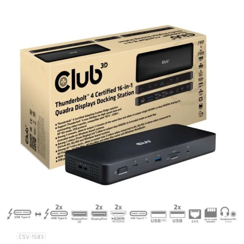 Club3D Dokovací stanice USB-C 16v1, 3xDP, 2xHDMI, 1xUSB-C, 3xUSB, 1xRJ45, 1x3.5mm, černá (CSV-1583)