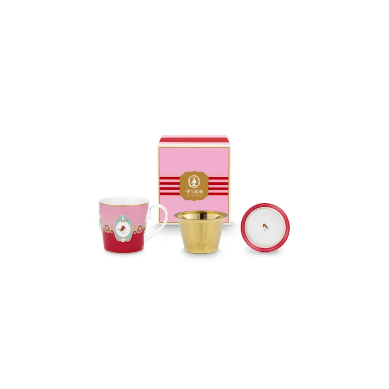 Pip Studio Love Birds sada na čaj pro jednoho 225 ml, červeno-růžová