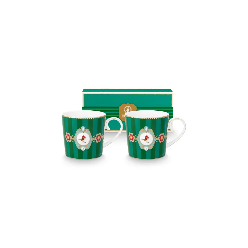 Pip Studio Love Birds Stripes sada 2 ks hrnků 165ml, zelená