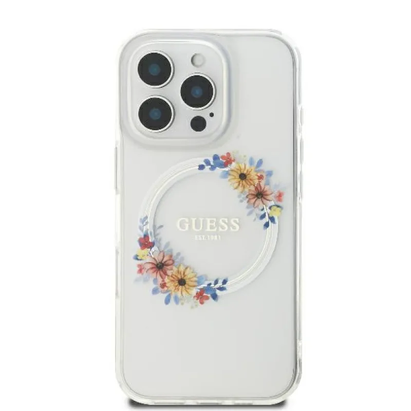 Puzdro Guess IML Flowers Wreath MagSafe iPhone 16 Pro Max – priehľadné