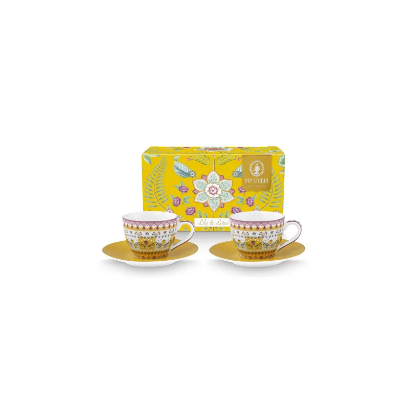 Pip Studio Lily & Lotus sada 2ks espresso šálků s podšálky 100ml, žlutá