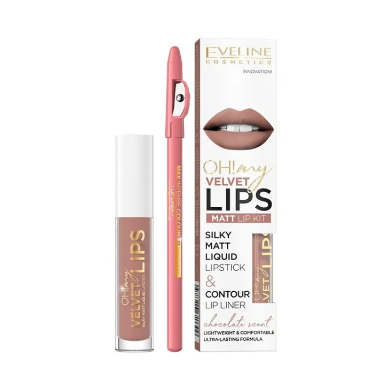 Eveline Cosmetics, Oh! My Velvet Lips Liquid Matt Lip Kit matný rúž 4,5 ml + ceruzka na pery 1 ks 11 Cookie Milkshake