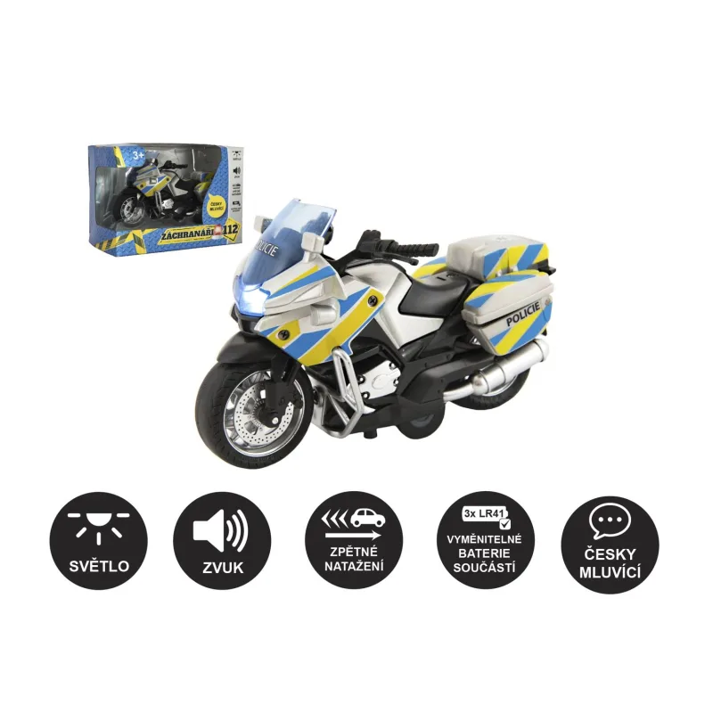 Teddies Motorka policajná 12cm kov/plast slovensky hovoriaca na spätné nat. na bat. so svetlom/zvukom v krab.15x11