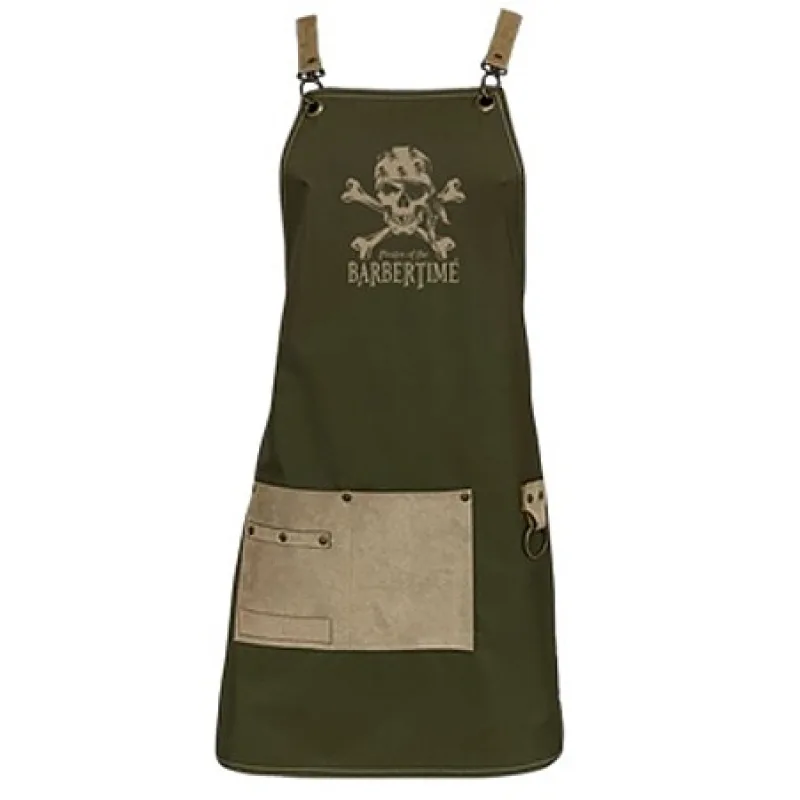 Pirates of the BARBERTIME BARBERTIME Green Apron - barber zástera s vreckami pirátsky znak - zelenobéžová