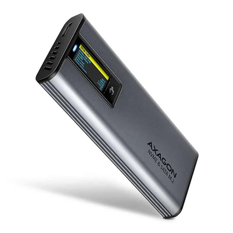 AXAGON EEM2-SD2 USB-C 10Gbps - M.2 NVMe & SATA SSD kovový DISPLAY box, bezšroubkový EEM2-SD2