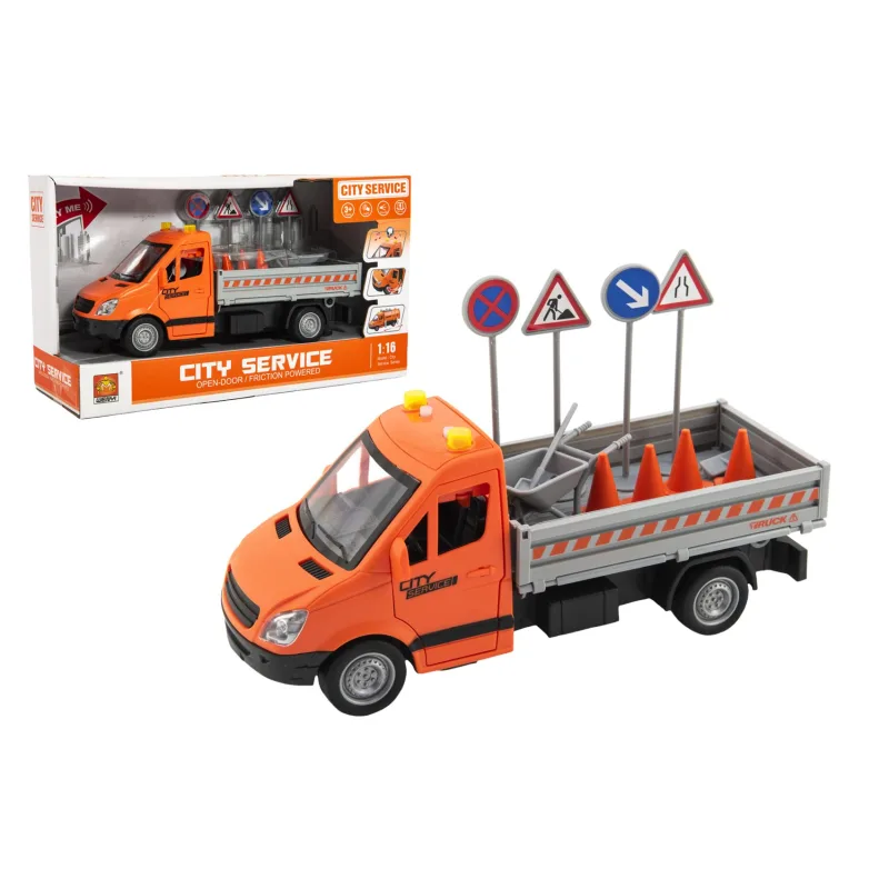 Teddies Auto cestná údržba plast 25cm na zotrvačník na batérie so zvukom so svetlom v krabici 32x19x12cm