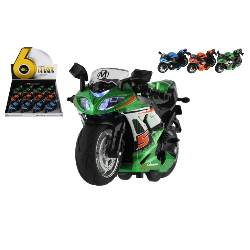 Teddies Motorka závodná kov/plast na spätné natiahnutie 12cm na batérie so svetlom, zvukom 3 farby 12ks v boxe