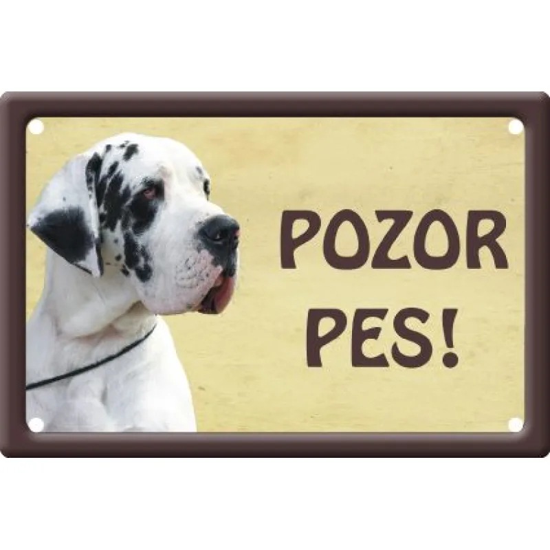 Plechová psí cedule, Německá doga bílá, Pozor pes