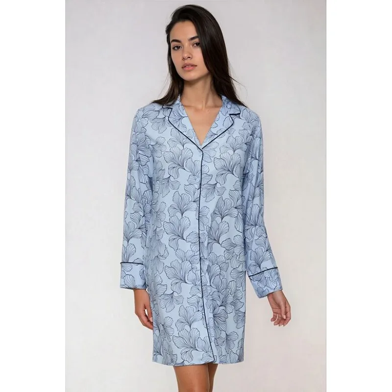 Nočná košeľa z viskózy Boyfriend Fit modrá s listami L