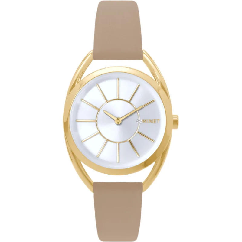 Strieborno-zlaté dámske hodinky ICON GOLD s béžovým koženým remienkom MINET MWL5238