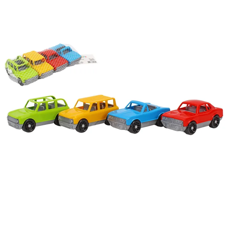 Teddies Sada áut/autíček 4ks plast na voľný chod v sieťke 20x4x10cm 18m+