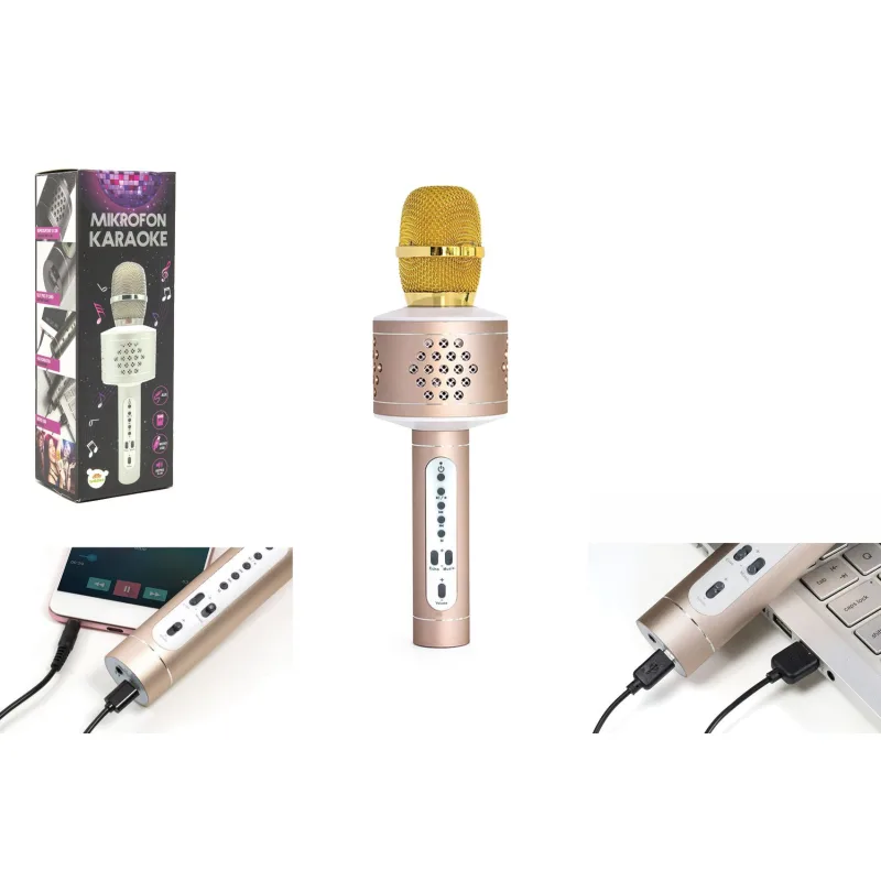 Teddies Mikrofón karaoke Bluetooth zlatý na batérie s USB káblom v krabici 10x28x8,5cm