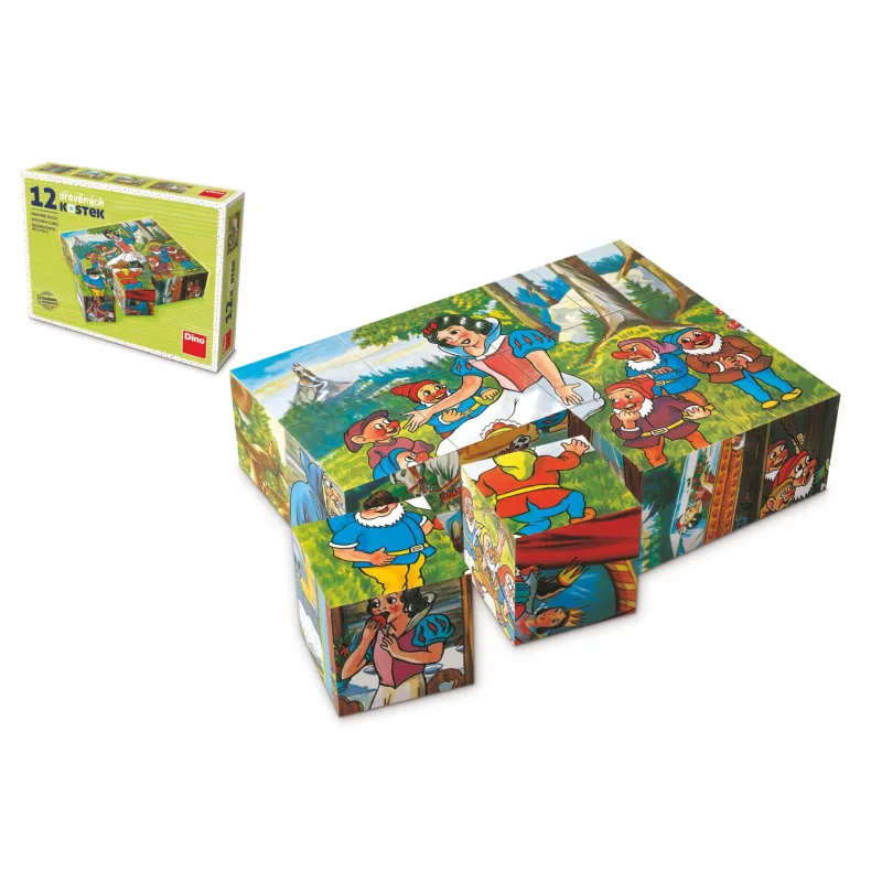 Dino Kocky kubus Snehulienka drevo 12ks v krabičke 16x12x4cm