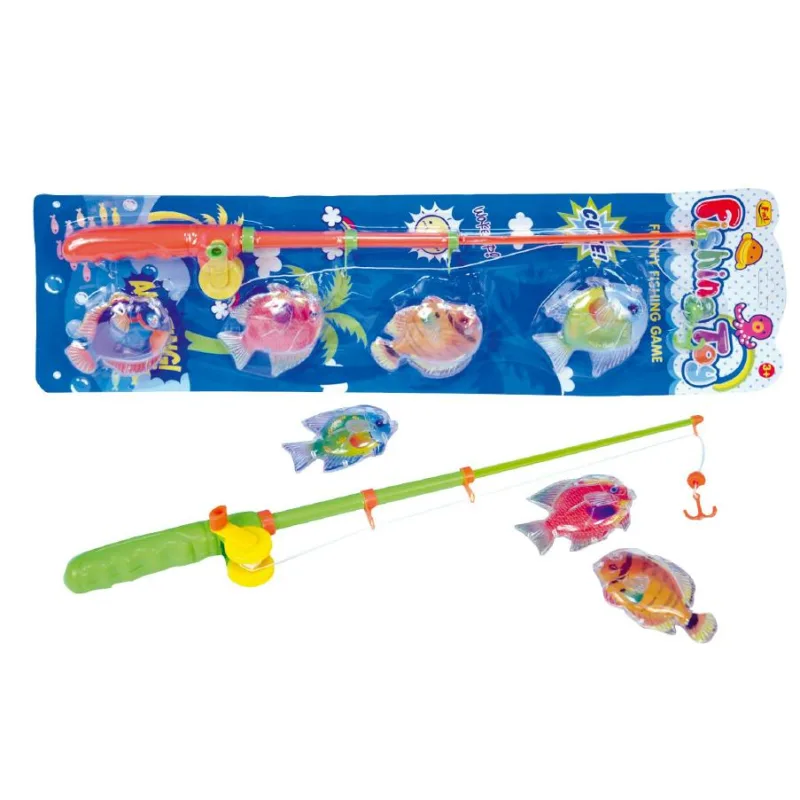 Teddies Hra ryby/rybár magnetická plast 4ks+prút plast 44cm 2 farby na karte