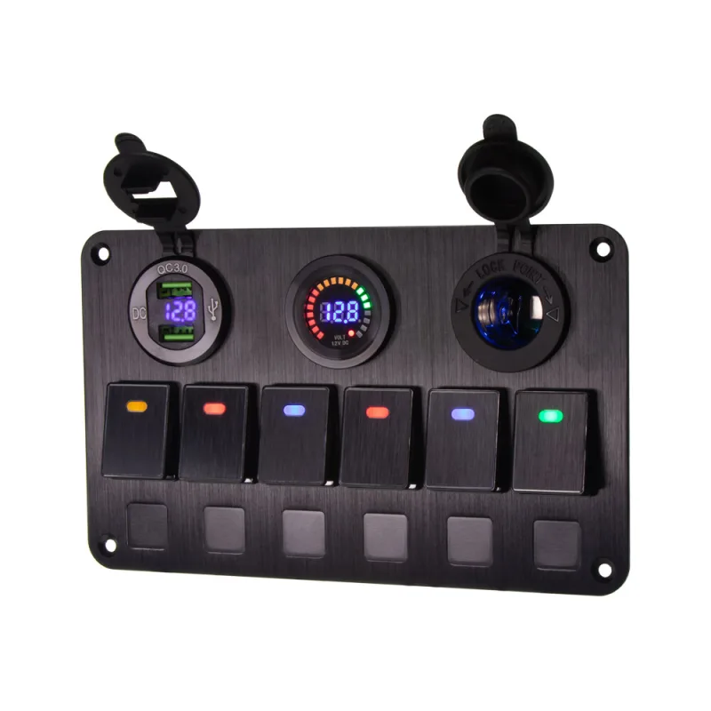 Panel s 6x spínači, CL, voltmetr + USB zásuvka, 12/24V 47157