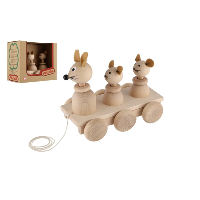 Teddies Tri myšky ťahacie prírodné drevo 22cm v krabici 22x18x12cm