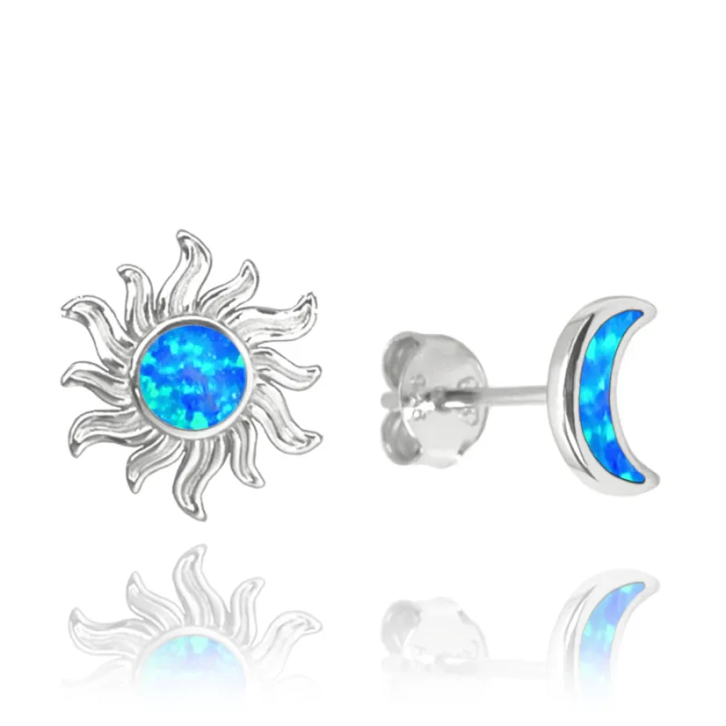 Strieborné náušnice SUN a MOON s modrými opálmi MINET JMAS0185BE00