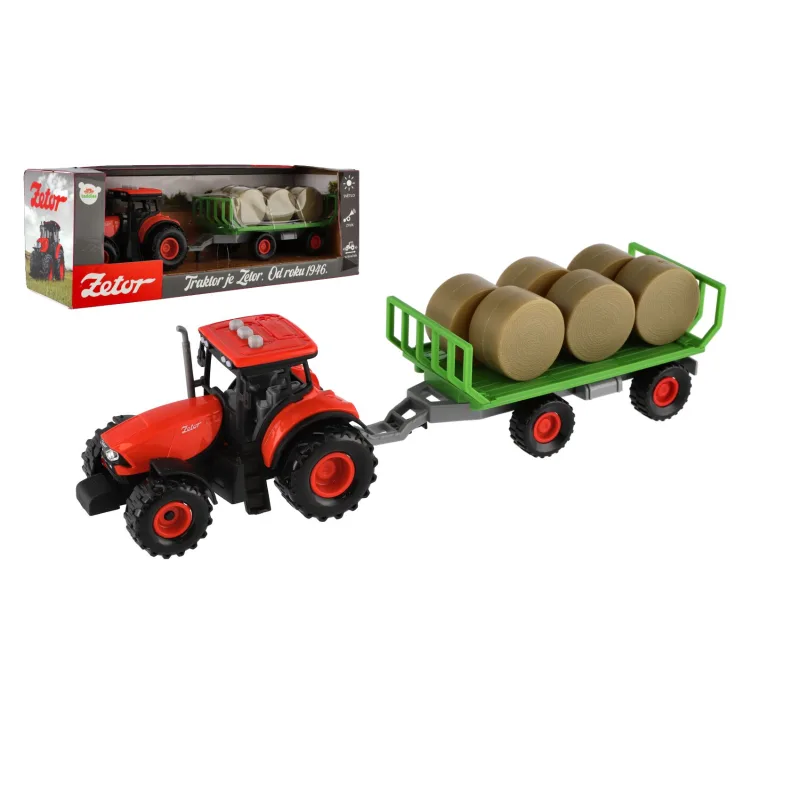 Teddies Traktor Zetor s vlekom a balíkmi plast 36cm na zotrvačník na bat. so svetlom so zvukom v krab. 39x13