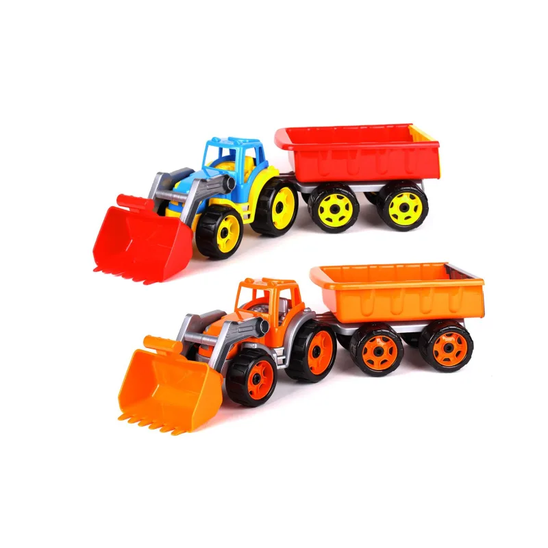 Teddies Traktor/nakladač/bager s vlekom s lyžicou plast na voľný chod 2 farby v sieťke 16x61x16cm