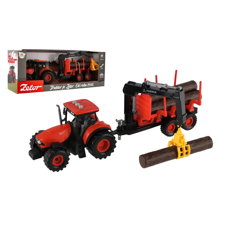 Teddies Traktor Zetor s vlekom s naklad. ramenom plast 36cm na zotrvačník na bat. so svetom. so zvukom. v krab.