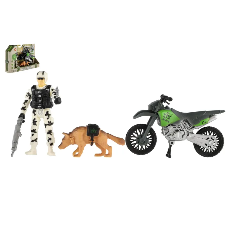 Teddies Vojenská sada plast motorka, vojak, pes s doplnkami v krabici 23x14x4cm