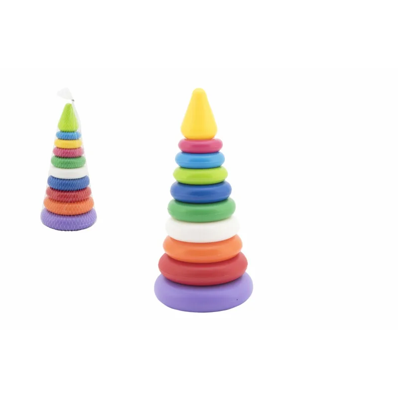 Teddies Skladačka pyramída s krúžkami plast 2 farby v sieťke 15x31cm 12m+