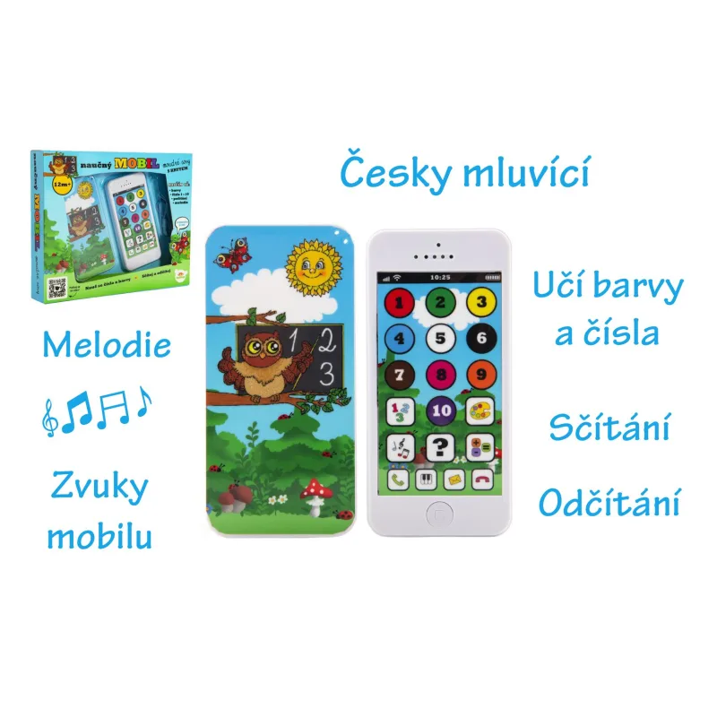 Teddies Náučný mobilný telefón múdrej sovy s krytom plast na batérie so zvukom v krabici 22x18x3,5cm 12m+