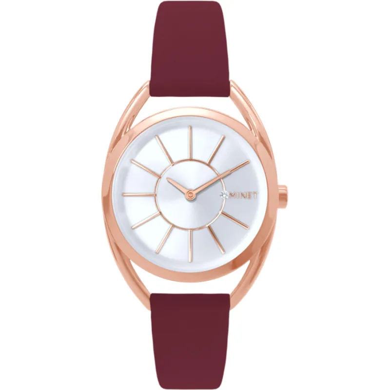 Ružovo-zlaté dámske hodinky ICON PINK s bordovým koženým remienkom MINET MWL5241