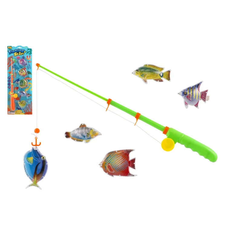 Teddies Hra ryby/rybár magnetická plast 5ks+prút plast 39cm 2 farby na karte