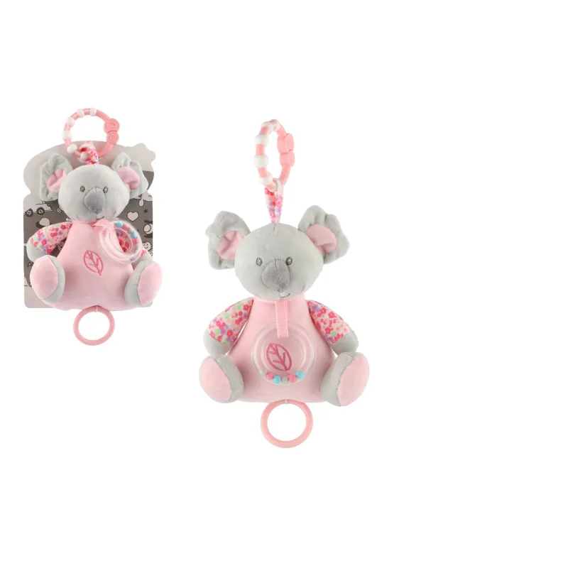 Teddies Medveď koala hrkálka plyš 19cm záves na post./mač. nat. hrací strojček ružový na karte v sáčku 0+