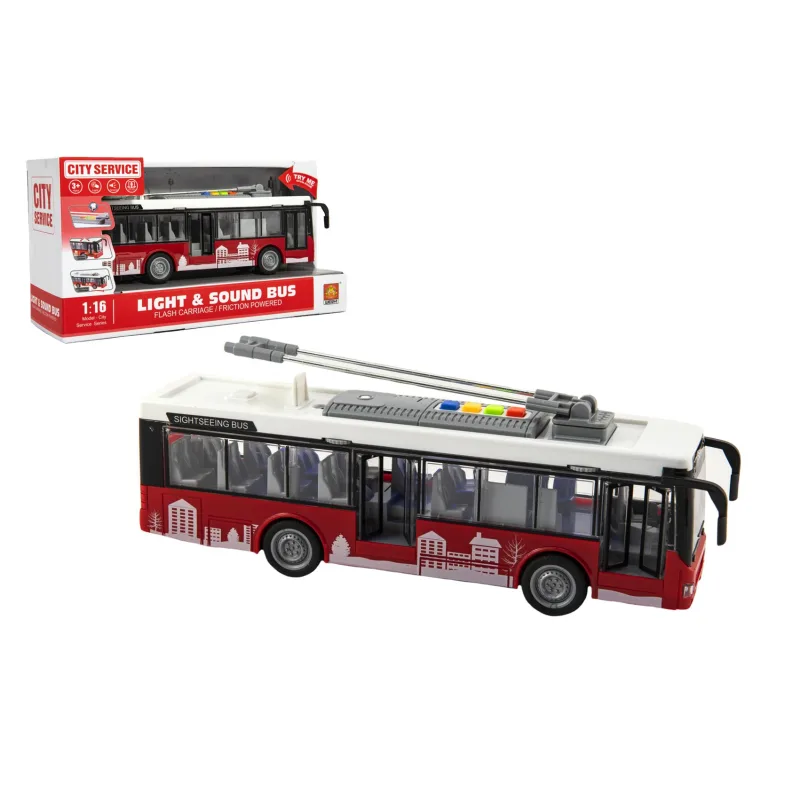 Teddies Autobus/trolejbus plast 28cm na zotrvačník na bat. so svetlom so zvukom v krabici 32x17x11cm