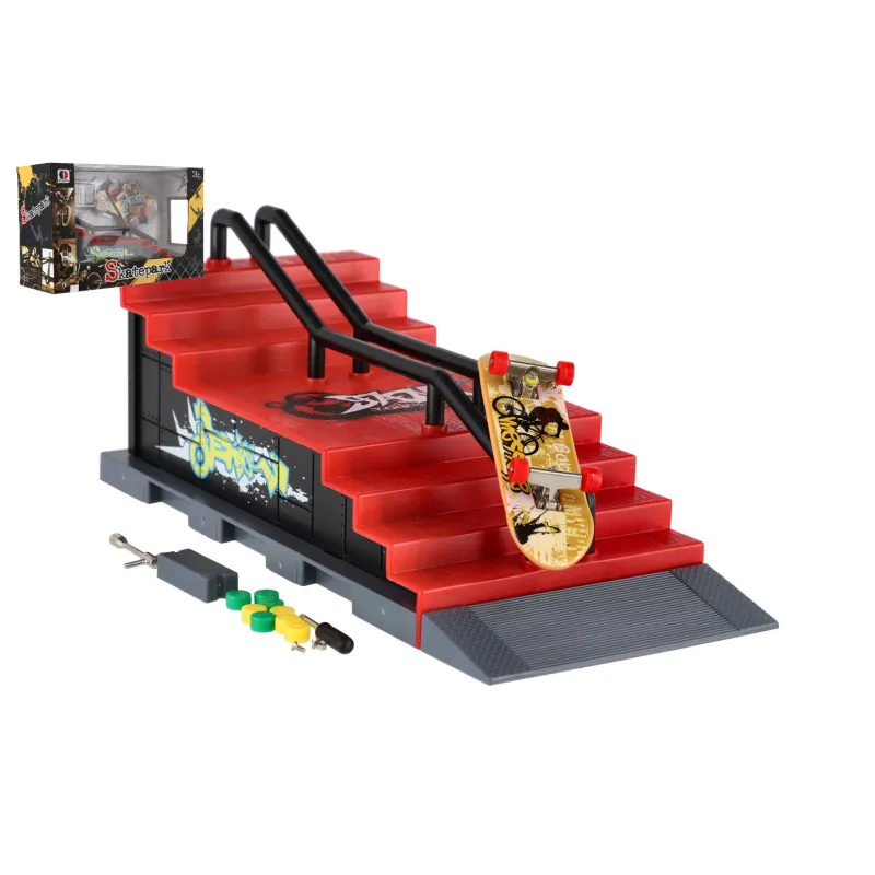 Teddies Skatepark - skateboard prstový skrutkovací s rampou plast 8cm s doplnkami mix druhov v krabici 28x18cm