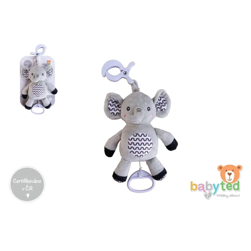 babyted Slon babyted natahovací hrací strojek plyš 30cm závěs na postýlku/kočárek na kartě v sáčku 0m+